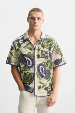 Clearance CAMISA CROCHET BORDADOS CONTRASTE Hombre Camisas