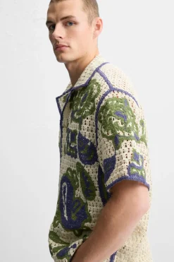 Clearance CAMISA CROCHET BORDADOS CONTRASTE Hombre Camisas