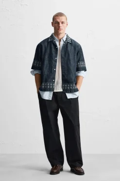 Hot CAMISA DENIM BORDADOS Hombre Camisas