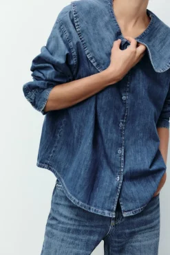 Clearance CAMISA DENIM TRF CUELLO BOBO Mujer Camisas / Blusas