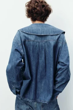 Clearance CAMISA DENIM TRF CUELLO BOBO Mujer Camisas / Blusas