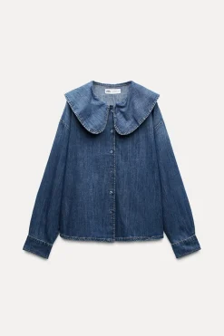 Clearance CAMISA DENIM TRF CUELLO BOBO Mujer Camisas / Blusas