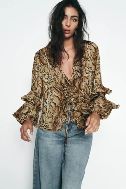 New CAMISA ESTAMPADO ANIMAL VOLANTES Mujer Camisas / Blusas