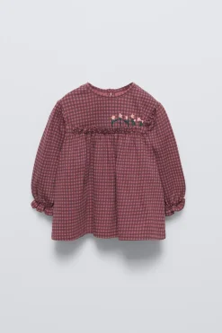 Niños ZARA 6 - 18 Meses·Camisetas|6 - 18 Meses·Camisas<CAMISETA CUADRO VICHY FLORES BORDADAS