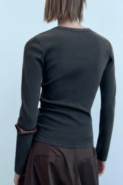 Clearance CAMISETA RIB EFECTO LAVADO MANGA LARGA Mujer Sudaderas / Joggers|Camisetas