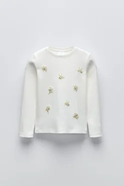 Niños ZARA 6 - 14 Años·Camisetas<CAMISETA RIB FLORES PERLAS