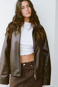 Fashion CHAQUETA BOMBER EFECTO PIEL Mujer Chaquetas / Cazadoras