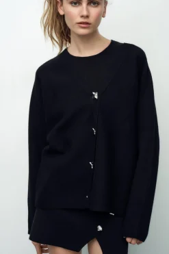 Clearance CHAQUETA OVERSIZE PUNTO BOTÓN METÁLICO Mujer Cárdigan / Jerséis|Punto