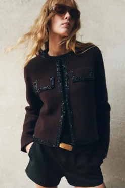 Best CHAQUETA PUNTO ABALORIOS 100% LANA Mujer Cárdigan / Jerséis|Punto