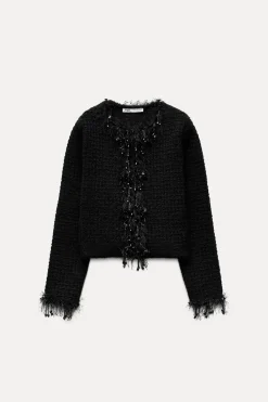 Sale CHAQUETA PUNTO ACABADOS DESFLECADOS ABALORIOS Mujer Cárdigan / Jerséis|Punto