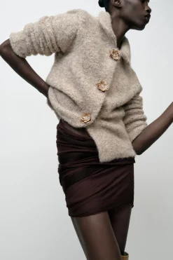 New CHAQUETA PUNTO EFECTO PELO BOTÓN FLOR Mujer Chaquetas / Cazadoras|Cárdigan / Jerséis