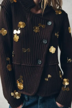 Fashion CHAQUETA PUNTO FLORES DORADAS Mujer Cárdigan / Jerséis|Punto