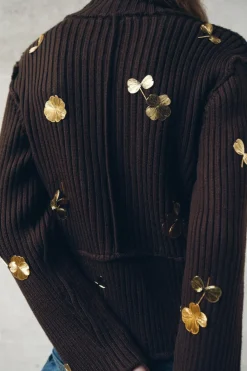 Fashion CHAQUETA PUNTO FLORES DORADAS Mujer Cárdigan / Jerséis|Punto