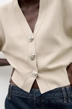 Best CHAQUETA PUNTO LISO BOTÓN FLOR Mujer Cárdigan / Jerséis|Punto