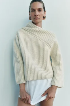 Fashion JERSEY CUELLO ASIMÉTRICO CON LANA Mujer Cárdigan / Jerséis|Punto