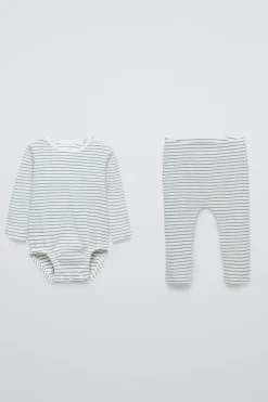 Niños ZARA 0 - 6 Meses·Bodies / Camisas|0 - 6 Meses·Leggings / Polainas<PACK BODY Y LEGGING RAYAS RIB