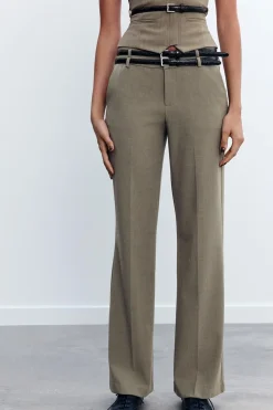 Discount PANTALÓN CINTURÓN DOBLE TIRO BAJO Mujer Pantalones