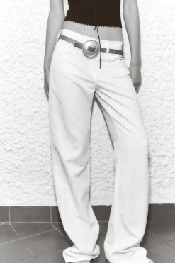 Fashion PANTALÓN CON LINO TIRO MEDIO WIDE LEG Mujer Pantalones