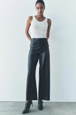 New PANTALÓN EFECTO PIEL WIDE LEG ZW COLLECTION Mujer Jeans|Pantalones