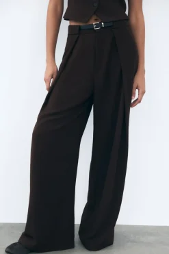 New PANTALÓN PLIEGUES CINTURÓN Mujer Pantalones