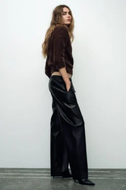 Fashion PANTALÓN RECTO EFECTO PIEL Mujer Pantalones