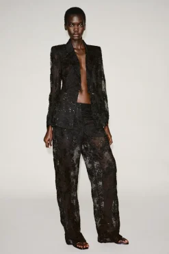 New PANTALÓN SEMITRANSPARENTE ESTRUCTURA LENTEJUELAS Mujer Pantalones