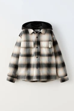 Niños ZARA 6 - 14 Años·Camisas / Sobrecamisas<SOBRECAMISA ACOLCHADA CUADROS CAPUCHA