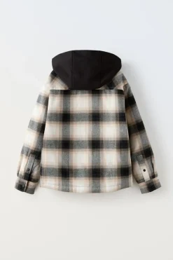 Niños ZARA 6 - 14 Años·Camisas / Sobrecamisas<SOBRECAMISA ACOLCHADA CUADROS CAPUCHA