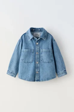 Niños ZARA 1½ - 6 Años·Camisas|1½ - 6 Años·Jeans / Denim<SOBRECAMISA DENIM CAPUCHA COMBINADA