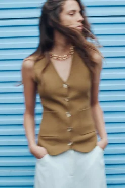 Sale TOP CHALECO PUNTO BOTÓN DORADO Mujer Cárdigan / Jerséis|Punto