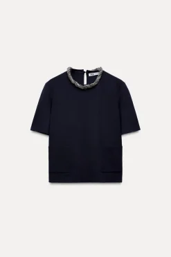 Sale TOP PUNTO LISO ABALORIOS CUELLO Mujer Cárdigan / Jerséis|Punto