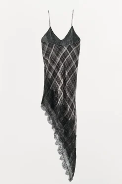 Clearance VESTIDO ASIMÉTRICO CUADROS ENCAJE Mujer Vestidos|Lenceria