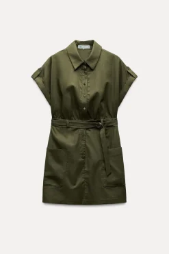 New VESTIDO CAMISERO MINI CON LINO Mujer Vestidos