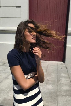 Online VESTIDO CORTO RAYAS PUNTO Mujer Vestidos|Cárdigan / Jerséis