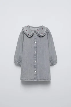 Niños ZARA 1½ - 6 Años·Vestidos / Petos|1½ - 6 Años·Jeans / Denim<VESTIDO DENIM CUELLO BORDADOS