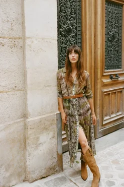 Discount VESTIDO ESTAMPADO HILO METALIZADO CINTURÓN Mujer Vestidos