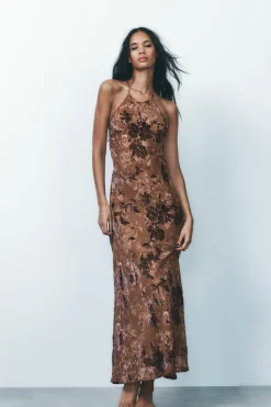 New VESTIDO HALTER FLORES TERCIOPELO Mujer Vestidos