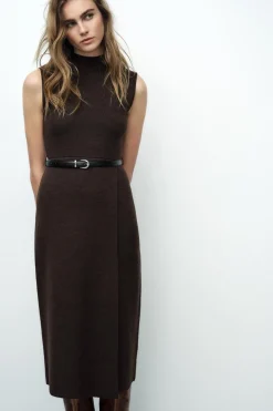 Online VESTIDO LARGO PUNTO CINTURÓN Mujer Vestidos|Cárdigan / Jerséis