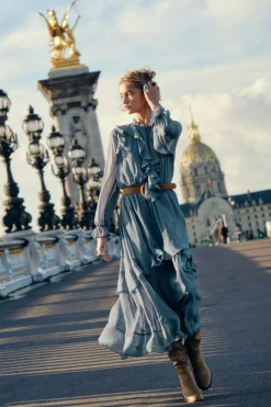 Online VESTIDO LARGO VOLANTES CINTURÓN Mujer Vestidos