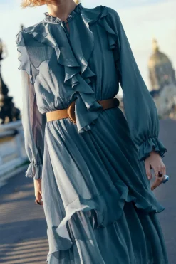 Online VESTIDO LARGO VOLANTES CINTURÓN Mujer Vestidos