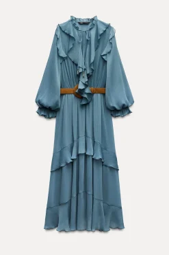 Online VESTIDO LARGO VOLANTES CINTURÓN Mujer Vestidos