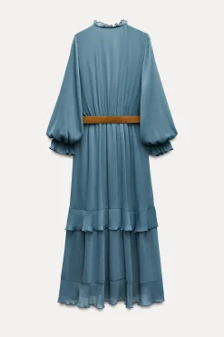 Online VESTIDO LARGO VOLANTES CINTURÓN Mujer Vestidos