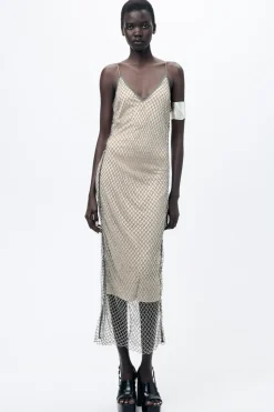 Outlet VESTIDO LENCERO MIDI PEDRERÍA Mujer Vestidos|Cárdigan / Jerséis