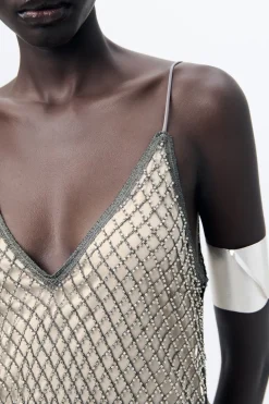 Outlet VESTIDO LENCERO MIDI PEDRERÍA Mujer Vestidos|Cárdigan / Jerséis