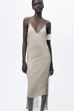 Outlet VESTIDO LENCERO MIDI PEDRERÍA Mujer Vestidos|Cárdigan / Jerséis