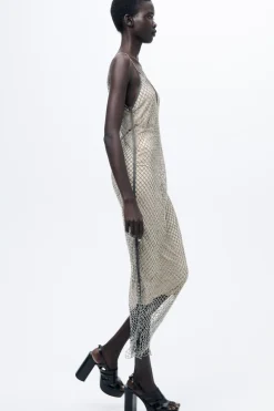 Outlet VESTIDO LENCERO MIDI PEDRERÍA Mujer Vestidos|Cárdigan / Jerséis