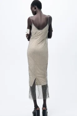 Outlet VESTIDO LENCERO MIDI PEDRERÍA Mujer Vestidos|Cárdigan / Jerséis