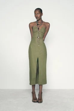 Outlet VESTIDO MIDI CORSETERO CON LINO Mujer Vestidos