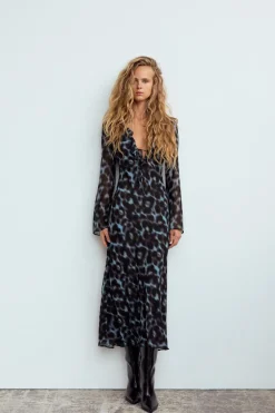 New VESTIDO MIDI ESTAMPADO VOLANTES Mujer Vestidos