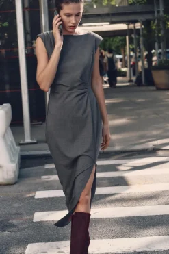 Online VESTIDO MIDI PLIEGUES CINTURA Mujer Vestidos